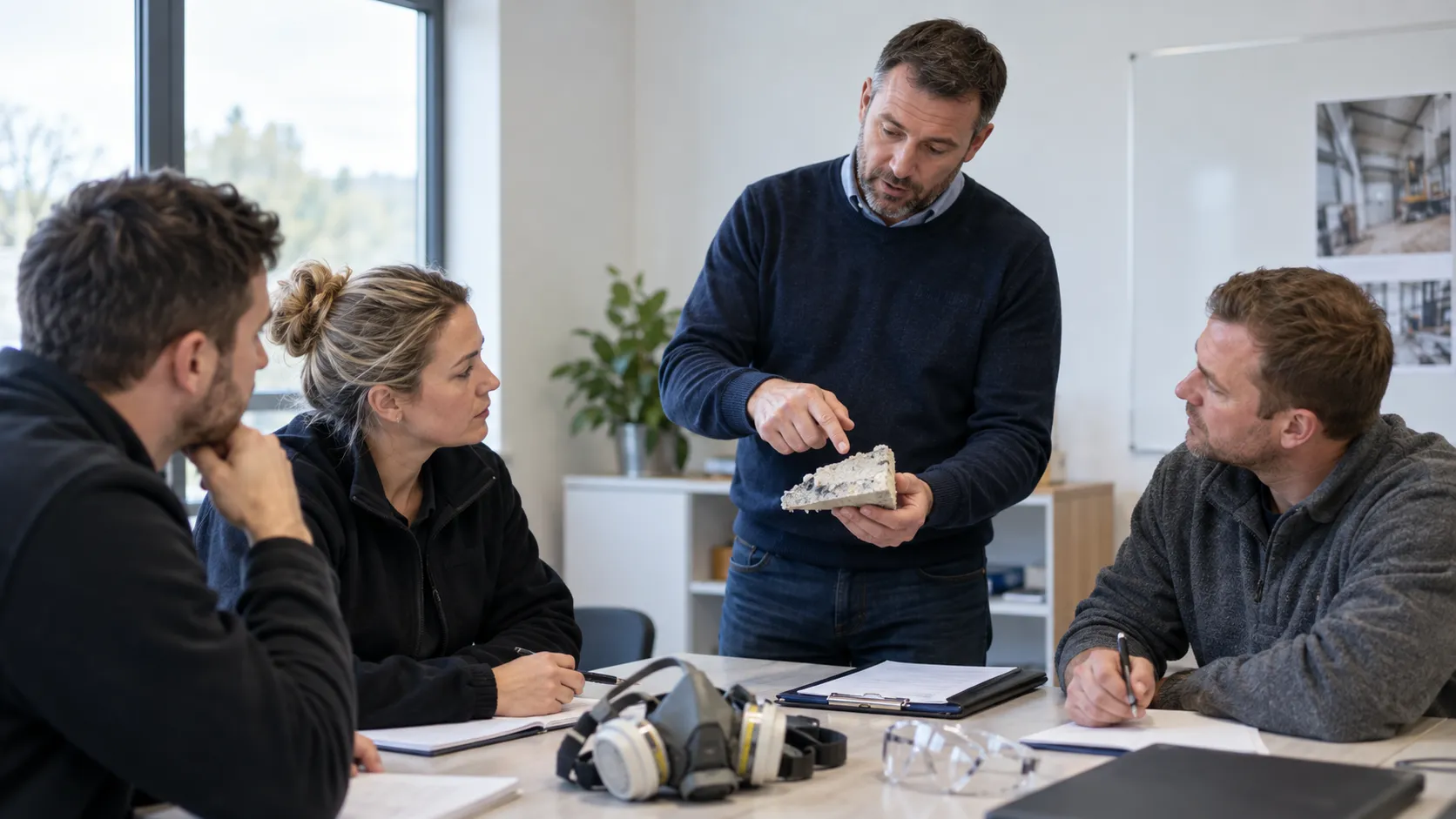 Trainer discussing workplace safety with three participants around a table.